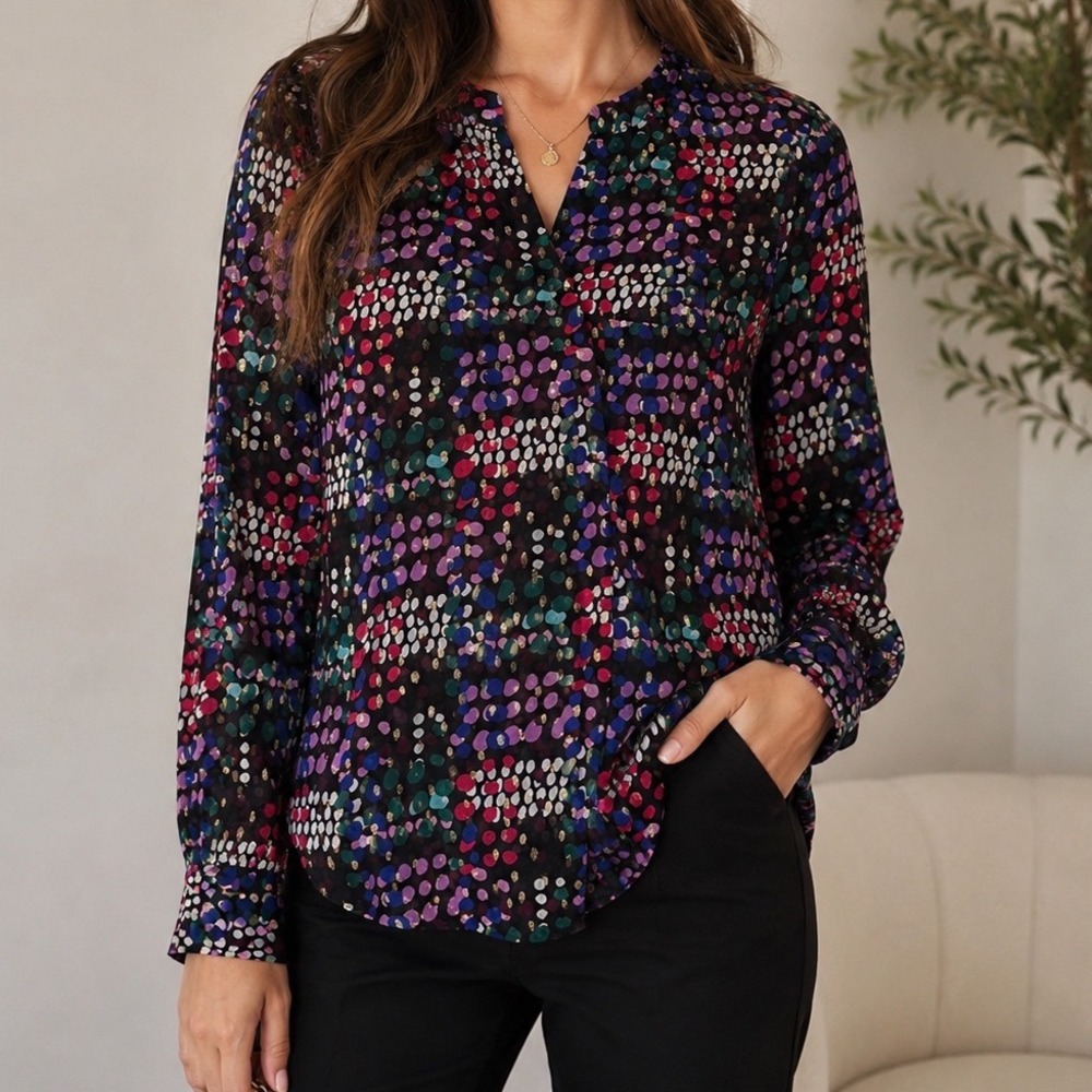See U Soon 100% Silk Abstract Polka Dot Metallic Blouse Small gf